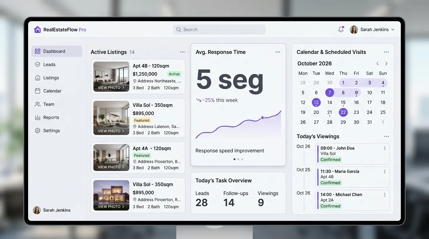 Mockup del dashboard para caso Inmobiliaria